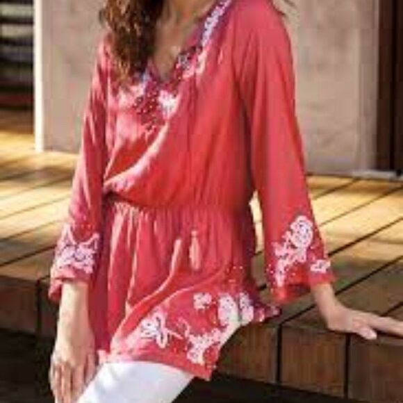 Soft Surrounding Floral Crush Beaded Embroidered Boho Tunic Embellished Top NWT - Picture 1 of 14